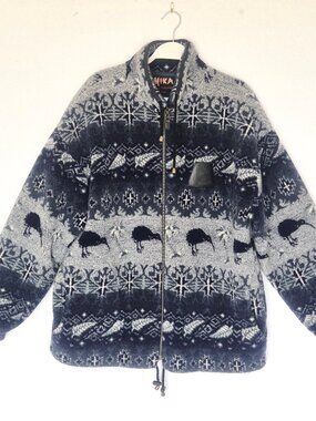 Vintage Mika New Zealand Kiwi Fern Nordic Fleece Jacket Zip-Up Pocket Blue Grey